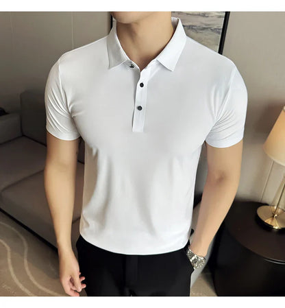 Ice Silk High Elastic Seamless T-shirt ,Summer Thin Polo Shirt, Solid Color Polo Collar Short Sleeve Brown Top, Business Leisure