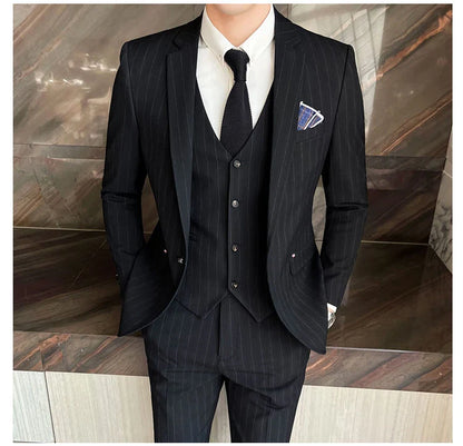 Winter Stripes Three-piece High-Grade Groom Wedding Suit with Vest And Trousers Business Fashion Handsome Casual Wedding Outfit
