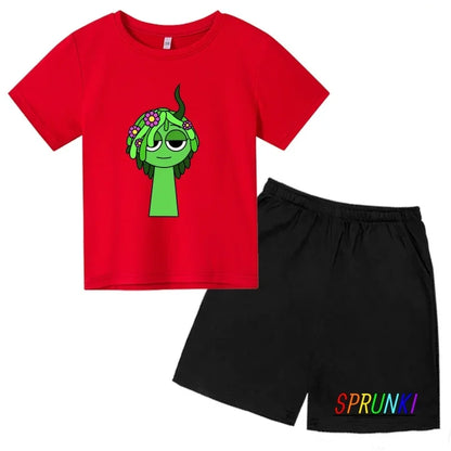 2026 Sprunki Kids T-Shirt + Shorts Set, Boys Girls Cartoon Game Printed Cotton Short Sleeve 2Pcs Summer Casual Outfit