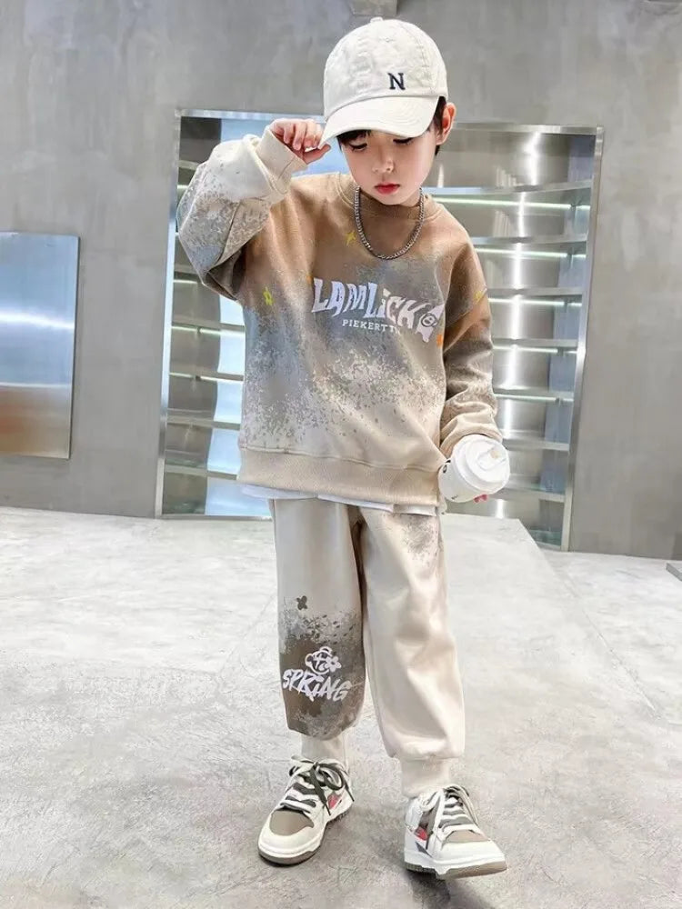 Print Sweatshirt Set Children's Clothing From 8 To 12 Years Korean 2025 Sets Kids Boy Clothes Winter Top Bottom Boys Autumn Suit