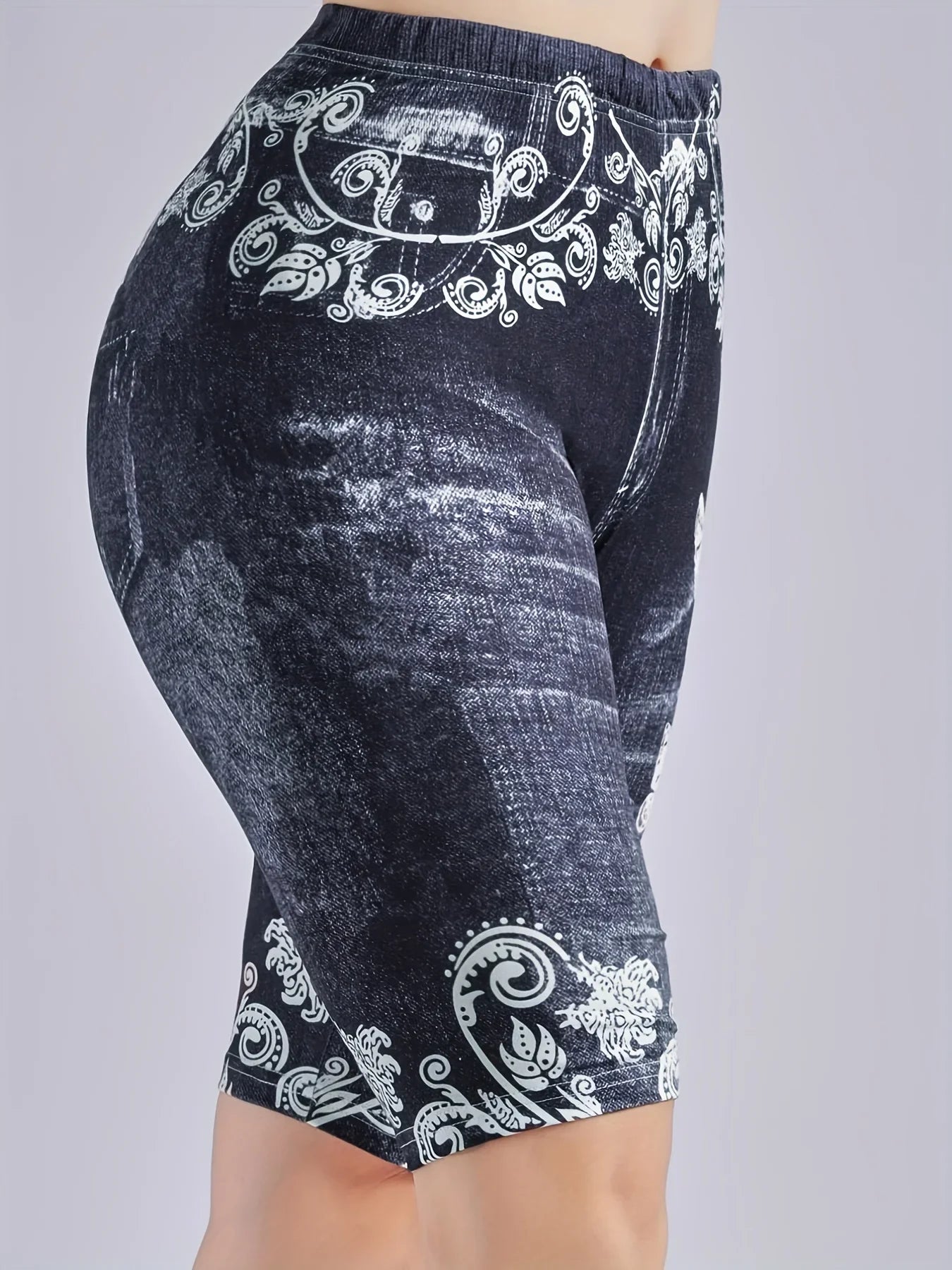 Lmitation Denim Leggings For Women Butterfly Waist Fruit Flower Elastic Shorts High Waist Casual