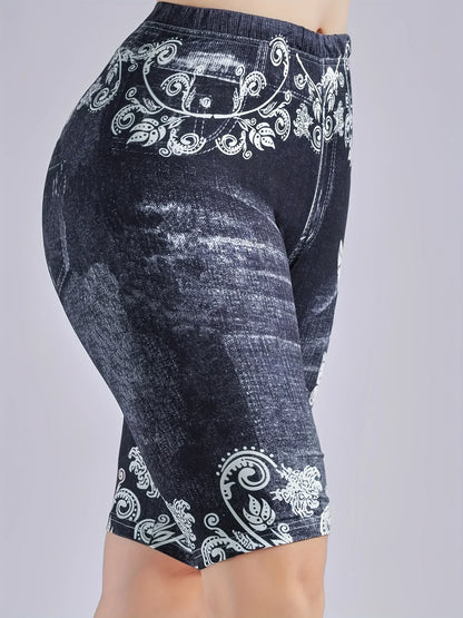 Lmitation Denim Leggings For Women Butterfly Waist Fruit Flower Elastic Shorts High Waist Casual