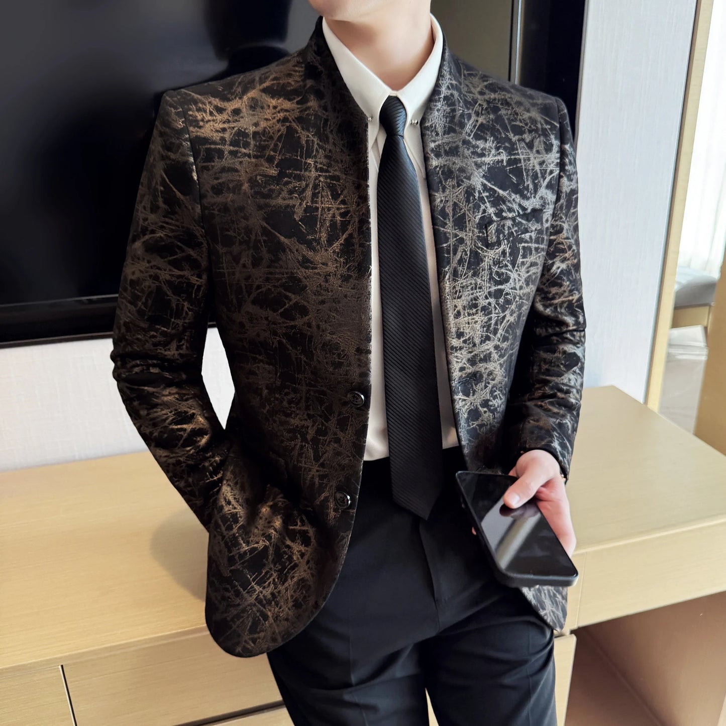 New Chinese Style Stand Up Collar Jacquard Suit Coats Men Slim Business Casual Fashion Suits Jacket Formal Social Party Tuxedos