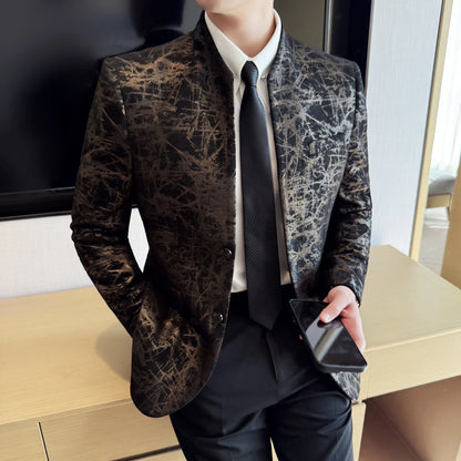 New Chinese Style Stand Up Collar Jacquard Suit Coats Men Slim Business Casual Fashion Suits Jacket Formal Social Party Tuxedos