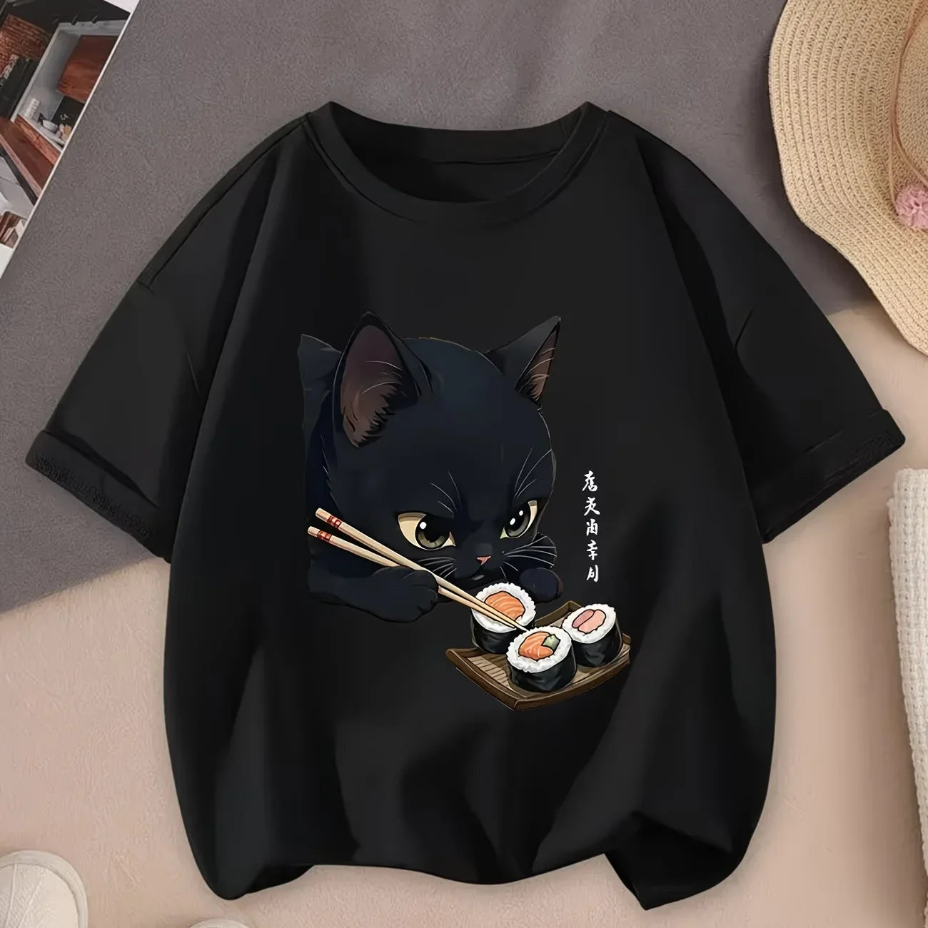 Black Cat & Sushi Kawaii T-Shirt - Cute Anime Sushi Roll & Cat Print, Soft Stretch Round Neck Summer Top, Casual Theme Outfit