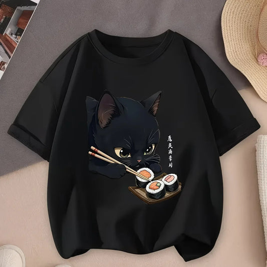 Black Cat & Sushi Kawaii T-Shirt - Cute Anime Sushi Roll & Cat Print, Soft Stretch Round Neck Summer Top, Casual Theme Outfit