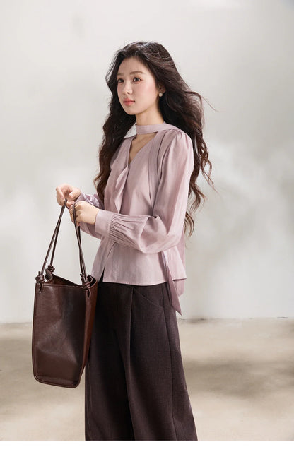 Women's Purple Sweet Shirts 2026 Spring Ribbon V-Neck Ruffled Asymmetrical Shirt Back Lace-up Waist Casual Top MXF13X2527