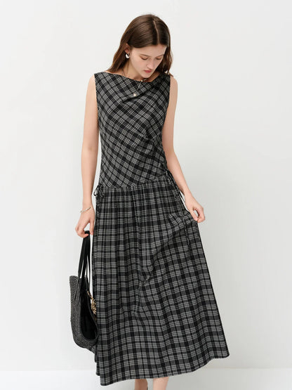 2026 Summer Women One Shoulder Asymmetrical Sleeveless Dress Plaid Check Midi Dress for Rebellious Prep & Vacation Style