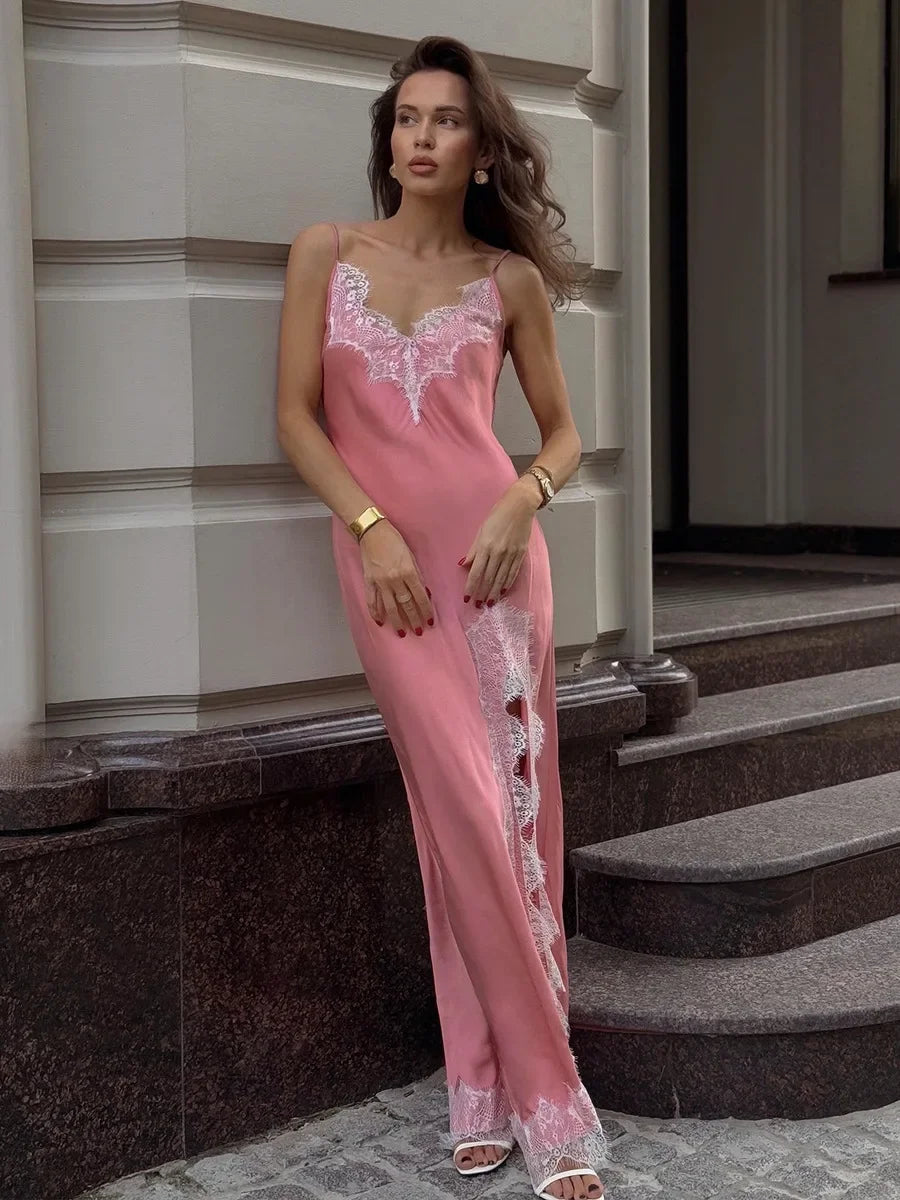 Wolfeel 2025 Summer New Lace Camisole Long Dress Women's Imitation Silk Sexy Split Stitch Lace Dress Women Clothing