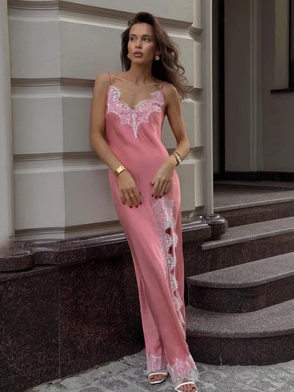 Wolfeel 2025 Summer New Lace Camisole Long Dress Women's Imitation Silk Sexy Split Stitch Lace Dress Women Clothing