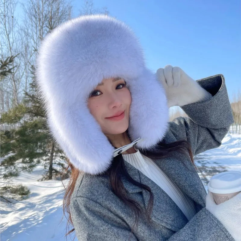 Winter Warm Real Fox Fur Hat Ear-Protecting Hats Women's Genuine Leather Windproof Fox Fur Bomber Hat Thickened Sheepskin Cap