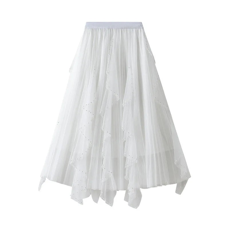 Women's Lotus Leaf Edge A Line Fairy Elastic Waist Tulle Skirt Midi High Waist Mesh Dress Solid Color Irregular Yarn Skirt D8808
