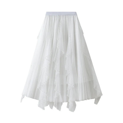 Women's Lotus Leaf Edge A Line Fairy Elastic Waist Tulle Skirt Midi High Waist Mesh Dress Solid Color Irregular Yarn Skirt D8808