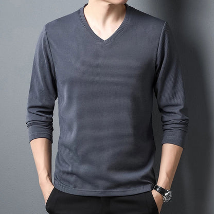 Minimalist Men's V-neck Long Sleeve T-shirt Soft Knitted Fabric Comfortable Top for All Seasons