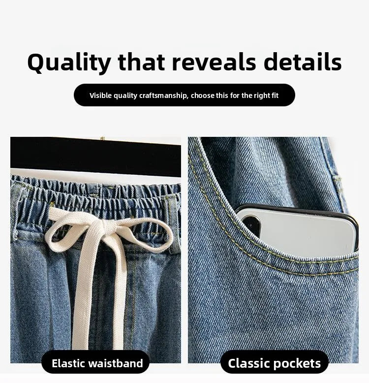 High Waist Wide Leg Cotton Denim Dstring Loose Fit Women's Autumn 2024 Slimming Effect Pure Cotton Casual Trousers