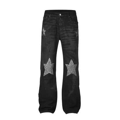 Full Rhinestone Print Washed Blue Baggy Jeans Mens and Women Ropa Hombre Streetwear Solid Casual Denim Trousers Loose Cargos
