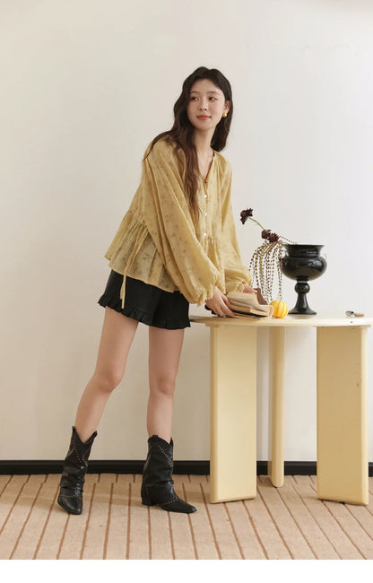 Elegant Woman Shirt 2025 Autumn Yellow Printing Lantern Sleeves Shirt Commute Drawstring Waist Lace Trim Top MXE45X2499
