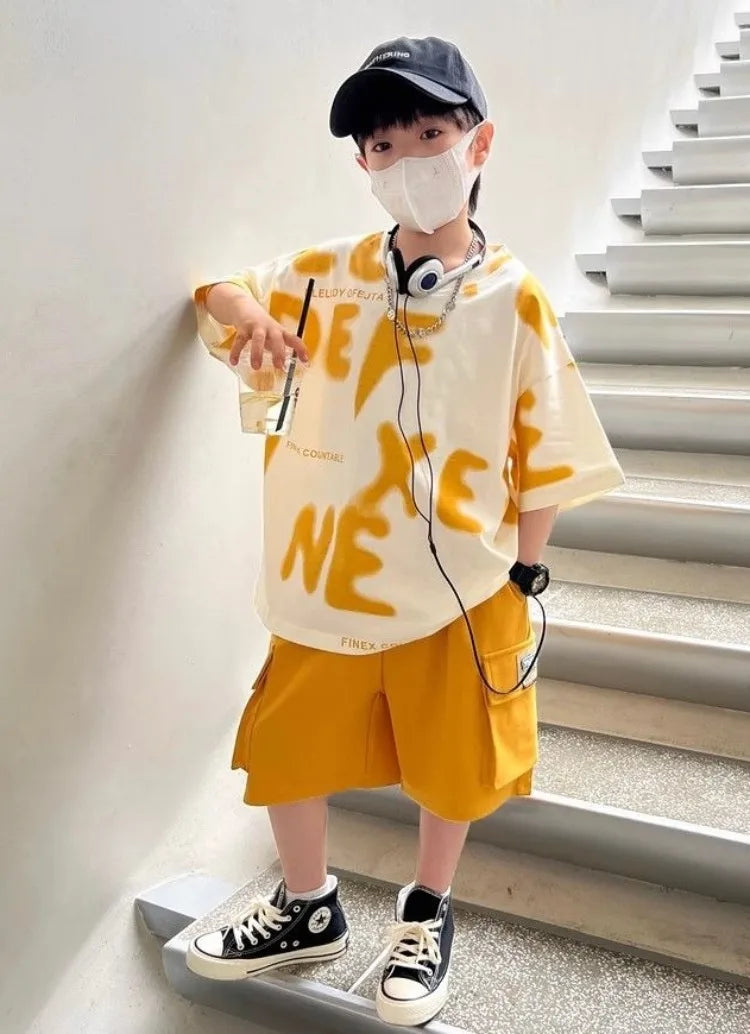 Printed Short Sleeve Children's Boy's Clothing Summer Suit Set Tees Tracksuit T-shirts Boy´s Elementary Student Men's Clothes