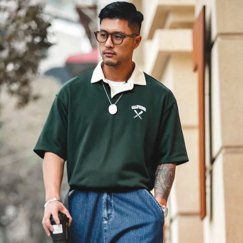 Contrasting Color Short Sleeve T-shirts for Men Summer Green Loose Fit Polo Shirt Casual Embroidery Tee Tops for Daily