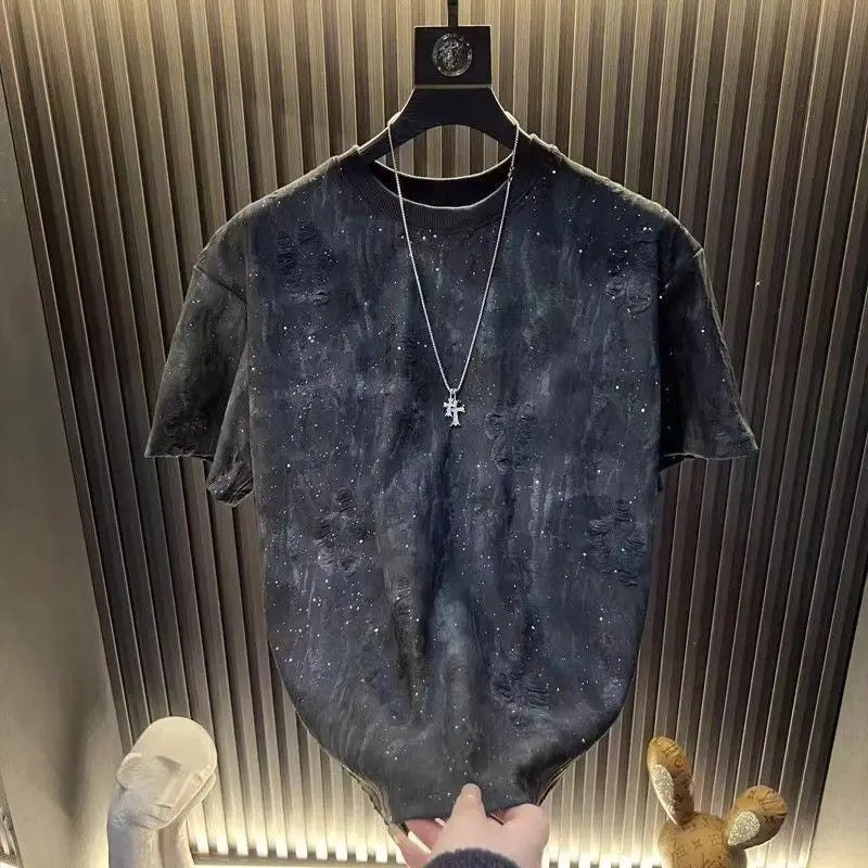 2025 Hot New Summer Men's Short-sleeved Trendy Luxury Distressed Round-neck Half-sleeve T-shirt Top