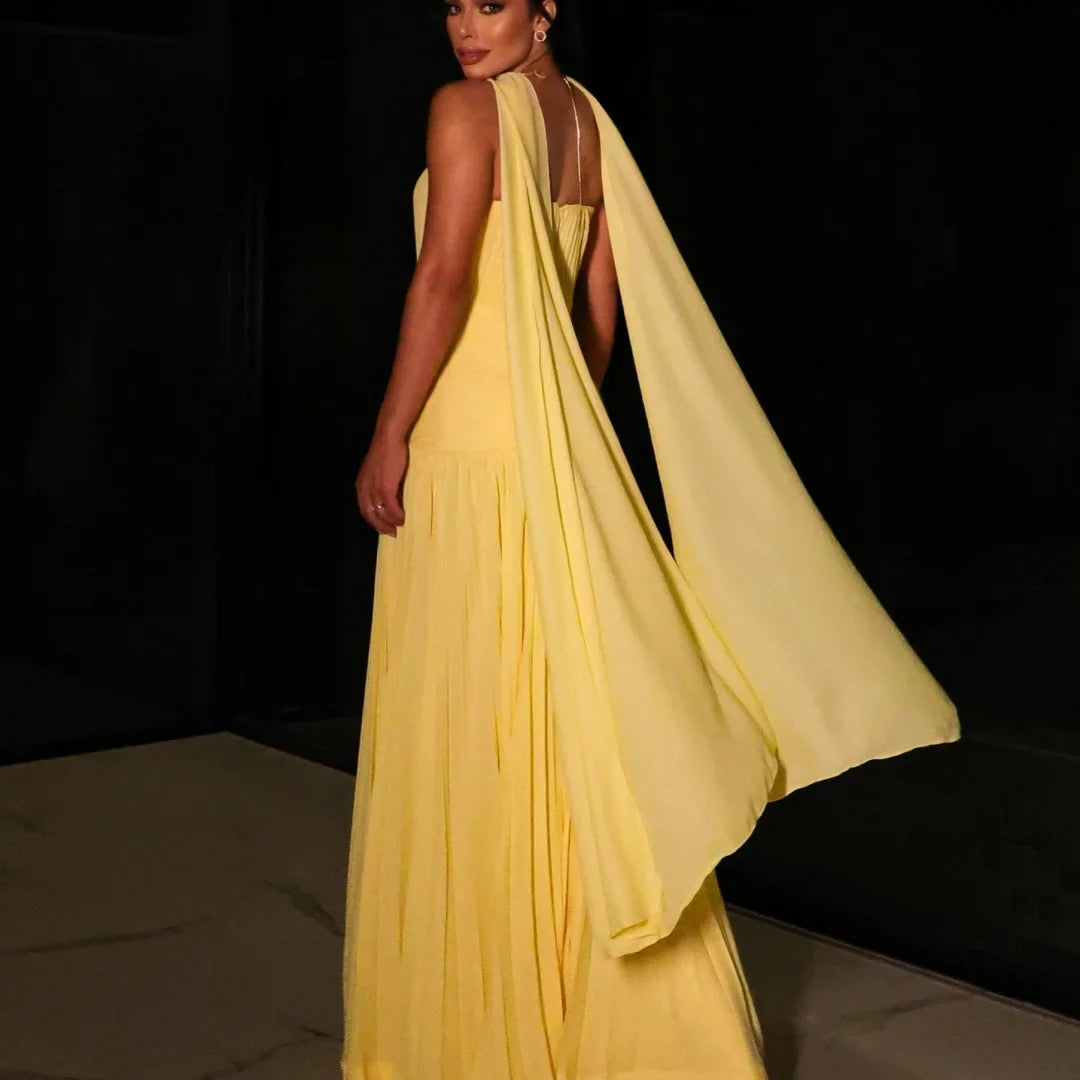 Customized Yellow Strapless Pleated Ruched Bodice Cape Elegant Fitted Flowy Maxi Skirt Party Dresses robes de soirée 2025