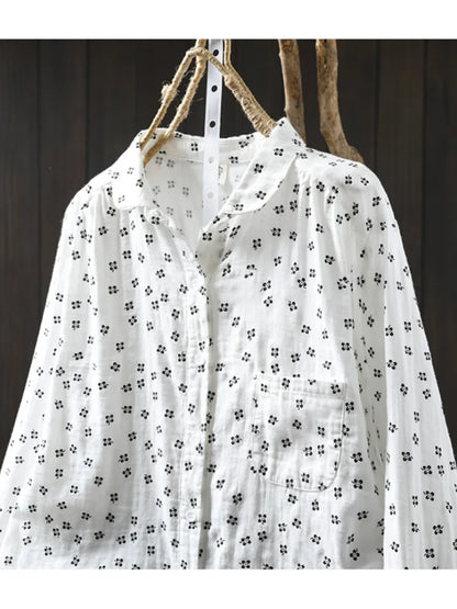 Sweet Snow Dots Print Shirt, Double Layers, Cotton Yarn, Peter Pan Collar, Long Sleeve, Casual Blouse Shirt