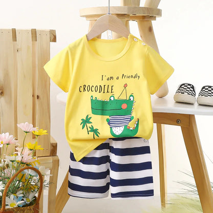 1 Sets Pure Cotton Kids Cartoon Clothing Summer Baby Fashion Short Sleeve Suits Boys Girls T-Shirts+Shorts Children Outfits