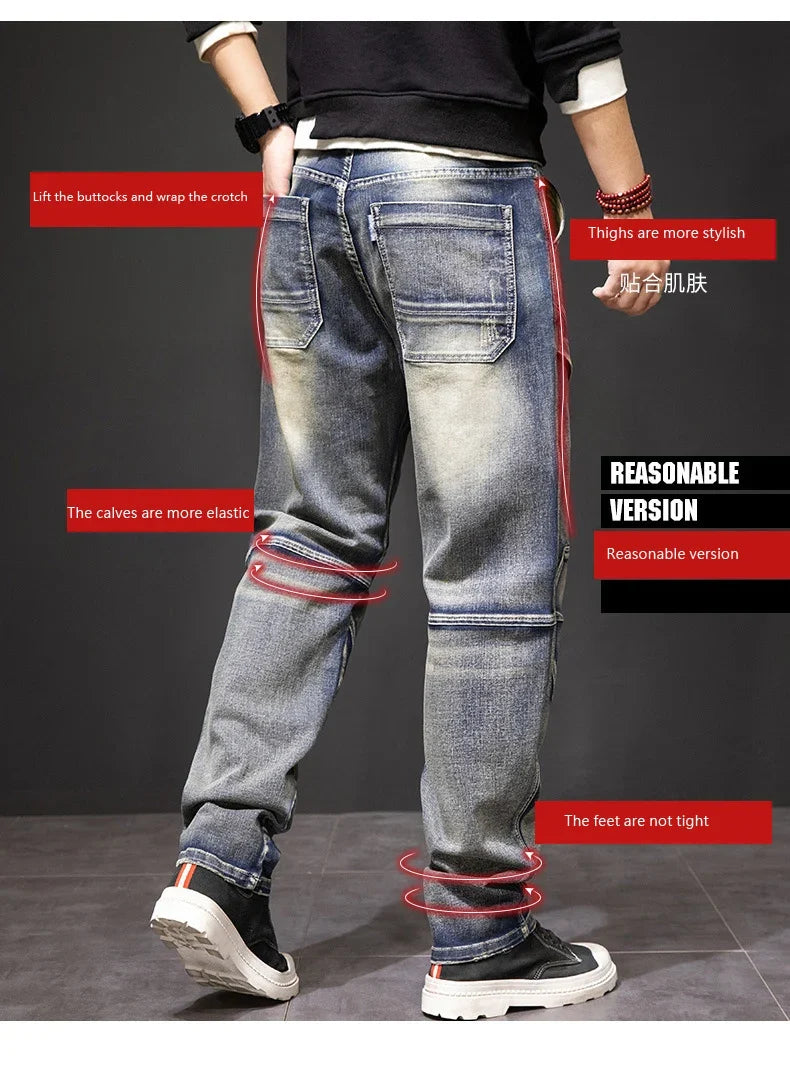 2024 Autumn and Winter New Jeans Fashion Street Jeans Men's Retro Punk Jeans Large Size 42 44
