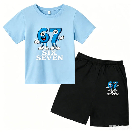 67 Funny Cartoon Number Print Kids Summer Casual 2PCS Breathable Tees+Short Pants Suits 2-13 Years Boys Girls Fashion Clothes