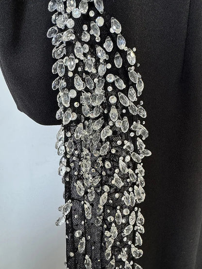 HIGH STREET Newest 2026 Designer Vestido Women's Diamonds Beaded Slash Neck Off The Shoulders Patchwork Gauze Long Maxi Dress