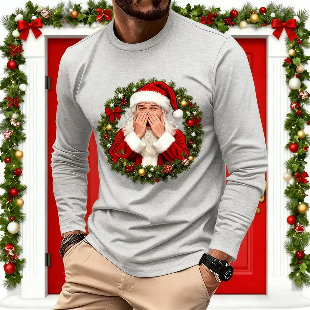 Christmas-Themed Men's Fashion Long-Sleeve T-Shirt Relaxed Fit Comfortable Crew Neck Sweatshirt Holiday Party Attire