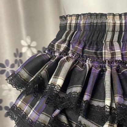 Y2k Harajuku Gothic Lolita Kawaii Plaid Mini Skirts Women Punk Vintage Lace Cake Skirt Subculture Fashion Ball Gown Short Skirts