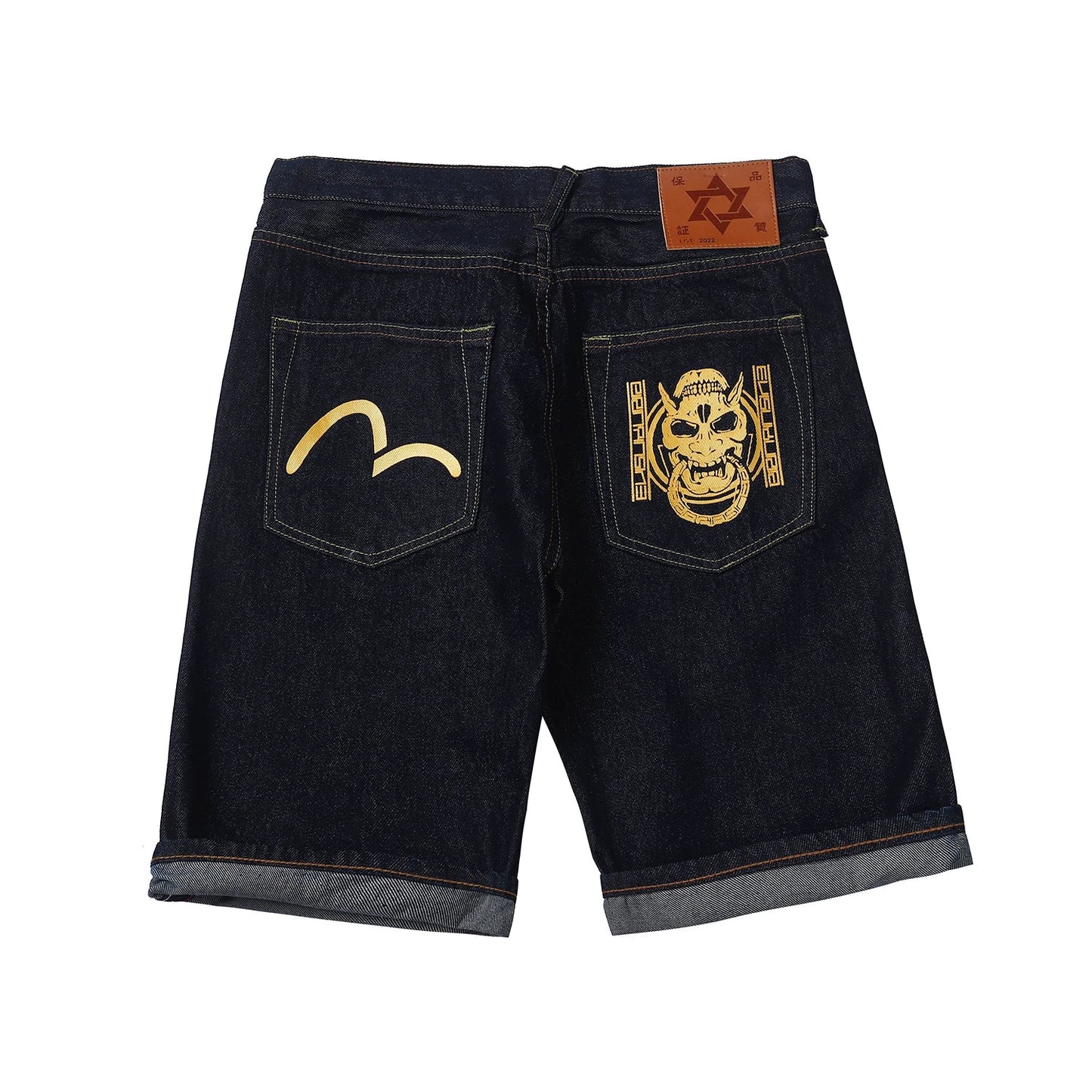 Men Embroidery Denim Shorts Black Hiphop Jeans Pants Cherry Blossom Dragon Totem Washed Zipper Cotton Summer cherry blossoms 024