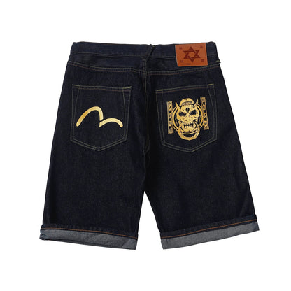 Men Embroidery Denim Shorts Black Hiphop Jeans Pants Cherry Blossom Dragon Totem Washed Zipper Cotton Summer cherry blossoms 024