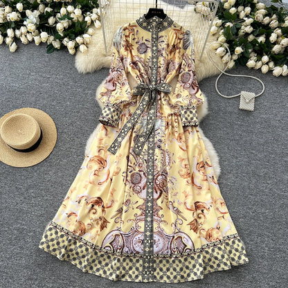 Retro Faion Print Stand Collar Single Button Women's Dr Waist Cinched Floor Length Skirt Korean Sle High Waist Long Sl...