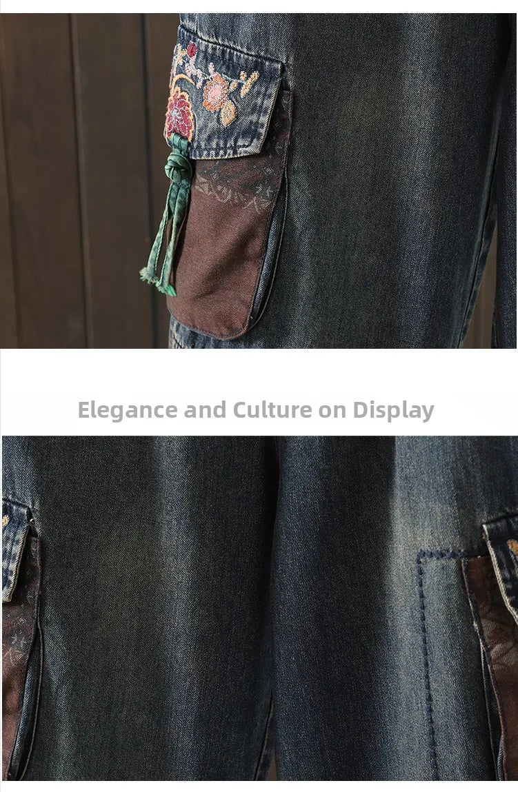 Retro Ethnic Print Patchwork Embroidered Denim Jeans Women Loose plus Size Embroidered Nine Points Harlan Pants Spring