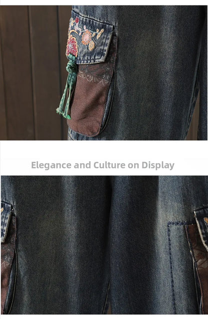 Retro Ethnic Print Patchwork Embroidered Denim Jeans Women Loose plus Size Embroidered Nine Points Harlan Pants Spring