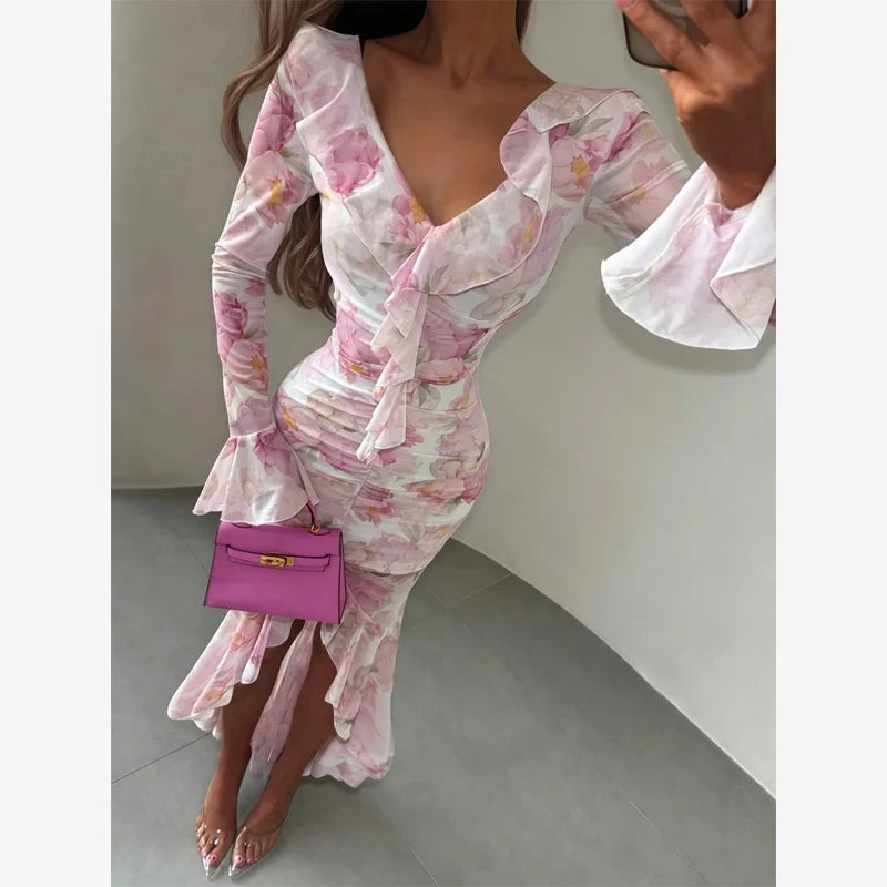 V-neck Organza Floral Chiffon Puff Sleeve Slit Long Dress Bodycon High Slit Bodycon Sexy Dresses Lady Chic Daily Sweet Date Robe