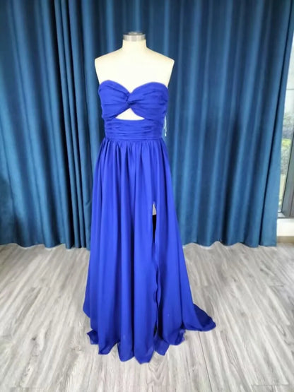 Strapless Chiffon Prom Dresses Pleated Sexy High Split Backless Cocktail Party Dress Off The Shoulder Long Homecoming Dress