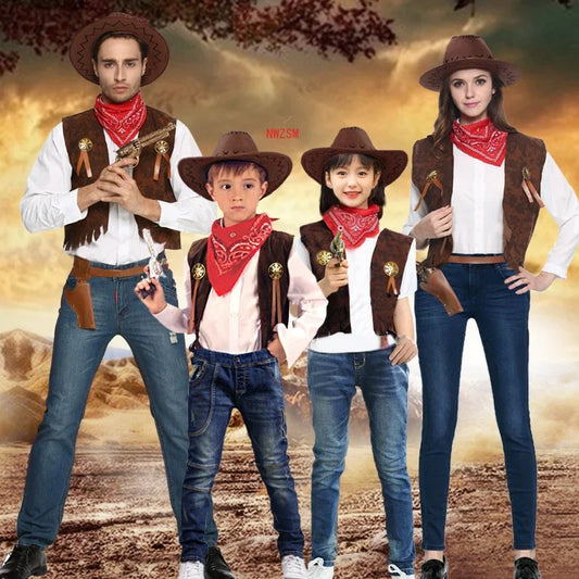 2024 Children Adult Cowboy Cosplay Costumes Halloween Party Masquerade Boy Woman Wild West Fancy Cowgirl Vest Cap Scarf Outfits