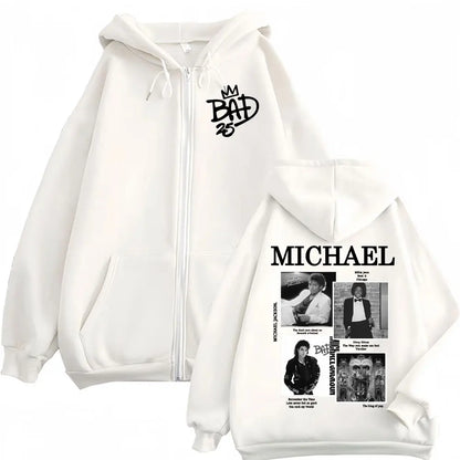 King of Pop Michael Jackson Bad Era World Tour Zipper Sweatshirts Men Women Fashion Zip Up Hoodies Vintage Hip Hop Jacket Hooded