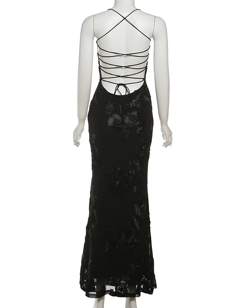 Elegant Flower Embroidery Maxi Dress Women Low-Neck Cross Bandage Backless Summer Street Trend Skinny Holiday Vestidos