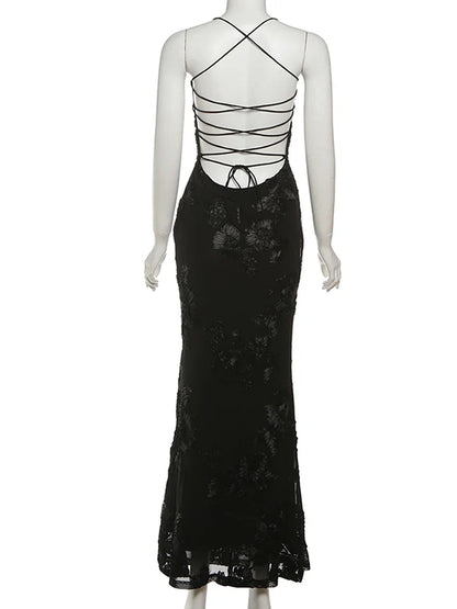 Elegant Flower Embroidery Maxi Dress Women Low-Neck Cross Bandage Backless Summer Street Trend Skinny Holiday Vestidos