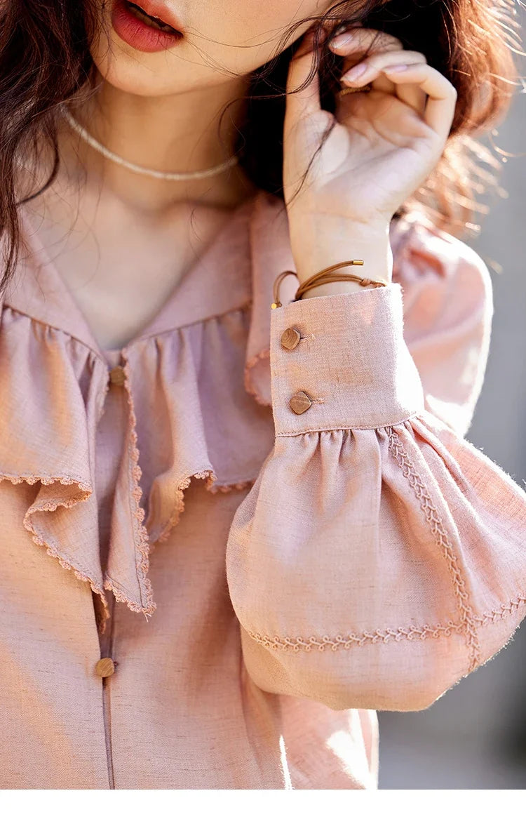 Lotus Leaf Collar Shirt Bubble Sleeves Pink Shirt for Women Spring 2025 Sweet Chiffon Top Temperament Shirts MXE12X1702