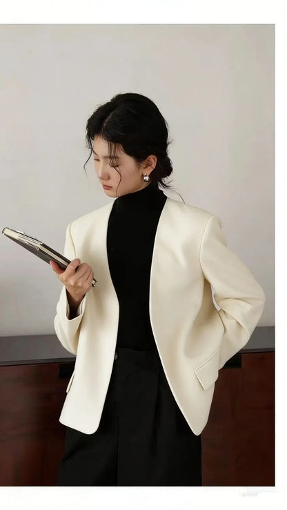 Womens Gray Collarless Blazer Cropped Open Front Suit Jacket Casual Office Outerwear