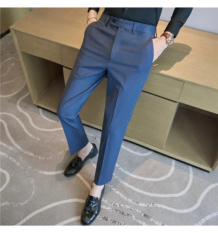 British Style Pinstripe Slim Fit Suit Pant Men Business Casual Simple Dress Pants High Quality Social Wedding Party Trousers