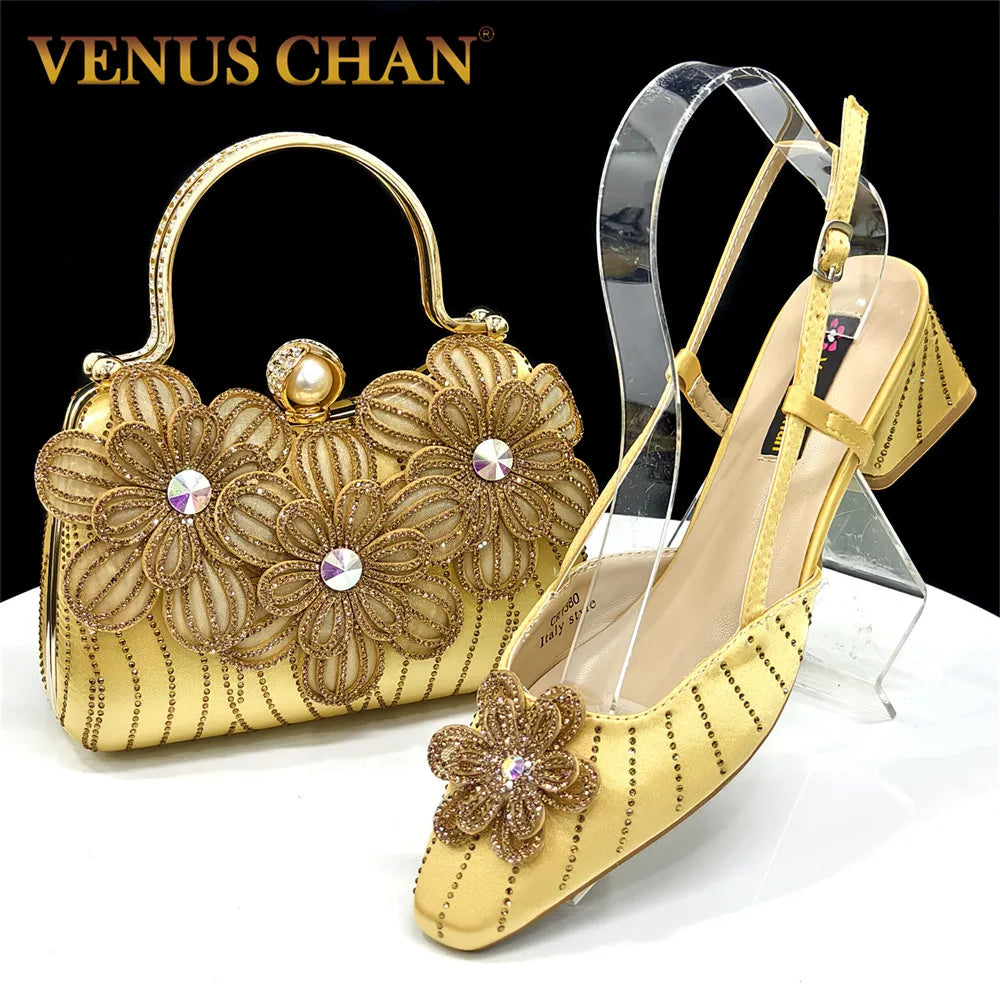 2026 Elegant Gold Color Women's Heels Handbag Set Rhinestone Embellished Designer Shoes for Weddings Special Events