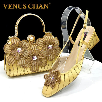 2026 Elegant Gold Color Women's Heels Handbag Set Rhinestone Embellished Designer Shoes for Weddings Special Events