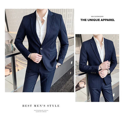 Men's Fashion High-Quality Slim Fit Two-Piece Suit Set Spring Autumn Stripes Business Casual Trousers And Jacket Combo