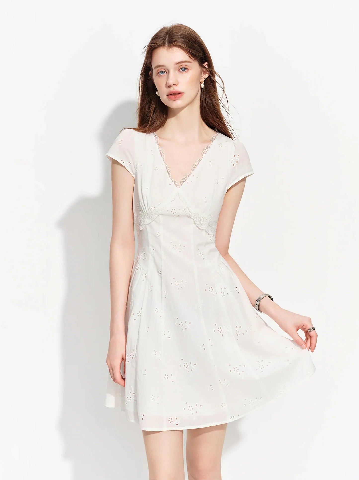 Women's 2026 Summer New Arrival French Pastoral Style V-Neck Lace Spliced Embroidered Dress Openwork Floral Plaid Pattern